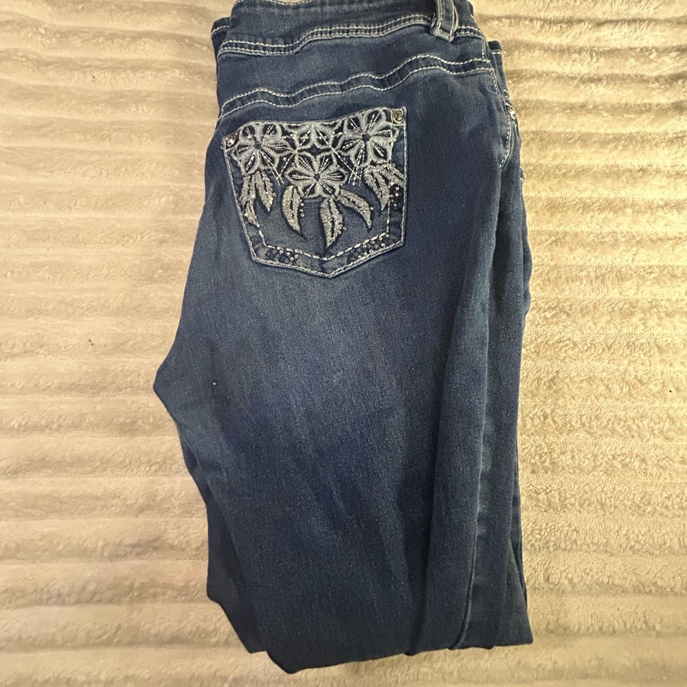 Blue Boot Cut Jeans with Ornate Embroidery
